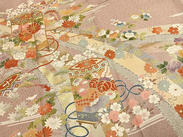 平和屋着物●豪華色留袖　駒刺繍　貝桶花文　金彩　正絹　逸品　AABJ4650fy