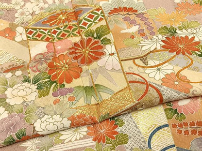 平和屋着物●豪華色留袖　駒刺繍　貝桶花文　金彩　正絹　逸品　AABJ4650fy