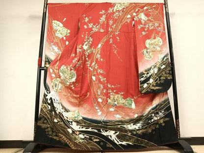 平和屋着物●豪華振袖　駒刺繍　鼓　扇面花鳥文　暈し染め　金銀彩　正絹　逸品　AABJ4651fy