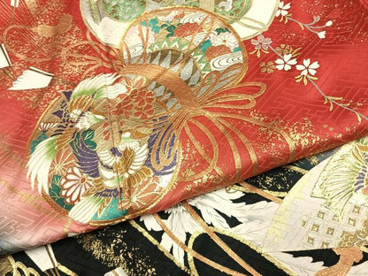 平和屋着物●豪華振袖　駒刺繍　鼓　扇面花鳥文　暈し染め　金銀彩　正絹　逸品　AABJ4651fy
