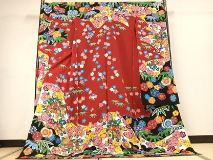 平和屋着物●豪華振袖　型染め　草花文　仮絵羽　正絹　逸品　未使用　AABJ4656fy