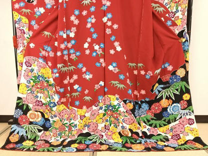 平和屋着物●豪華振袖　型染め　草花文　仮絵羽　正絹　逸品　未使用　AABJ4656fy