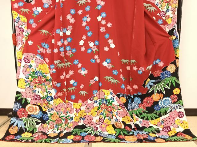 平和屋着物●豪華振袖　型染め　草花文　仮絵羽　正絹　逸品　未使用　AABJ4656fy
