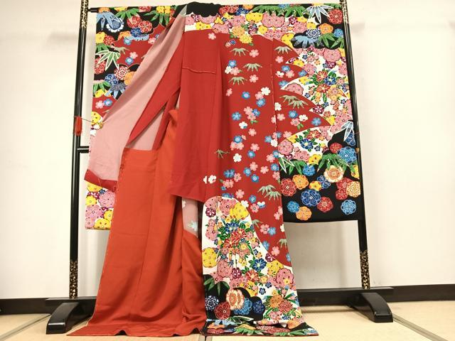 平和屋着物●豪華振袖　型染め　草花文　仮絵羽　正絹　逸品　未使用　AABJ4656fy