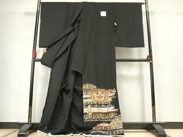 平和屋着物●小澤達二　黒留袖　狩猟洋花文　金糸　浜ちりめん　仮絵羽　正絹　逸品　未使用　AABJ4660fy