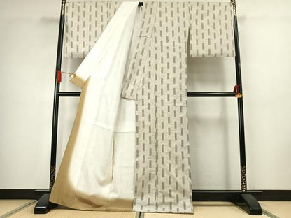 平和屋着物●ぜんまい紬　幾何学文様　反端付き　正絹　逸品　AABJ4678fy