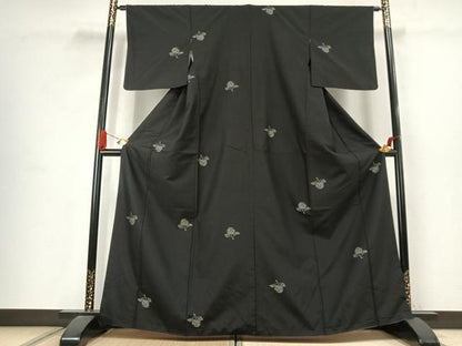 平和屋着物●上質な紬　成り物　黒地　正絹　逸品　AABJ4682fy