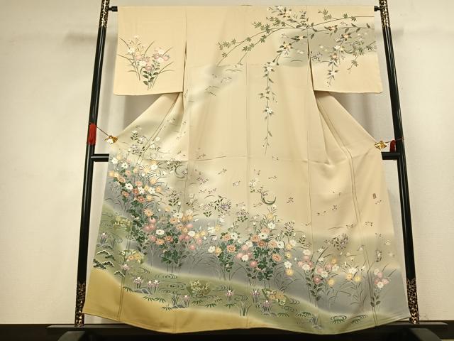 平和屋着物●十日町友禅作家　一梗　訪問着　地紙花文　暈し染め　正絹　逸品　未使用　AABJ4683fy
