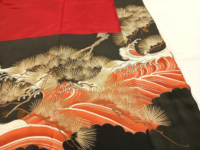 平和屋着物●アンティーク　大正ロマン　黒留袖　駒刺繍　鶴　枝松文　金銀彩　正絹　逸品　AABJ4688fy