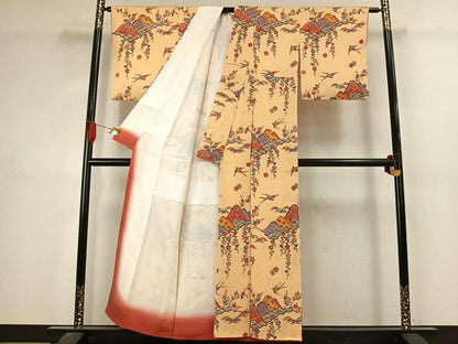 平和屋着物●訪問着　型染め　風景花鳥文　正絹　逸品　AABJ4694fy