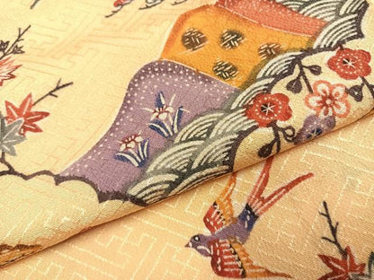 平和屋着物●訪問着　型染め　風景花鳥文　正絹　逸品　AABJ4694fy