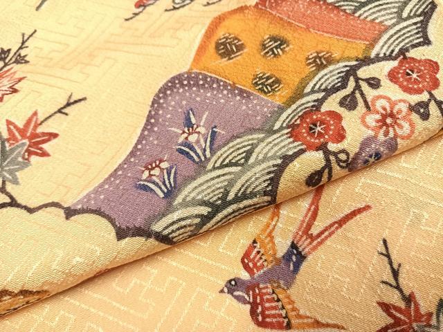 平和屋着物●訪問着　型染め　風景花鳥文　正絹　逸品　AABJ4694fy
