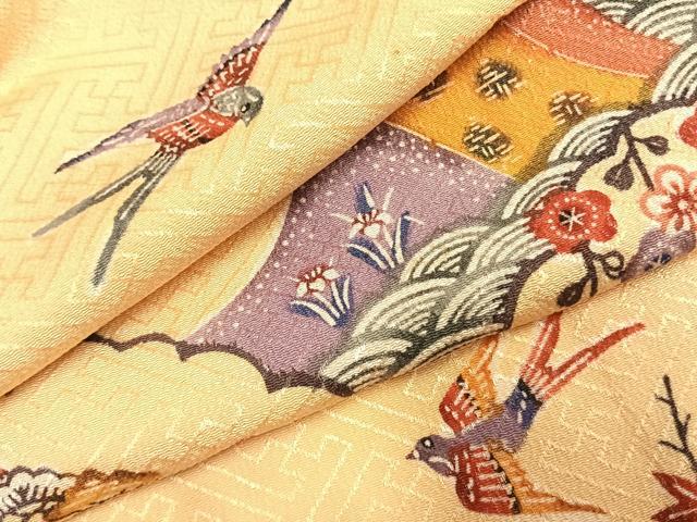 平和屋着物●訪問着　型染め　風景花鳥文　正絹　逸品　AABJ4694fy