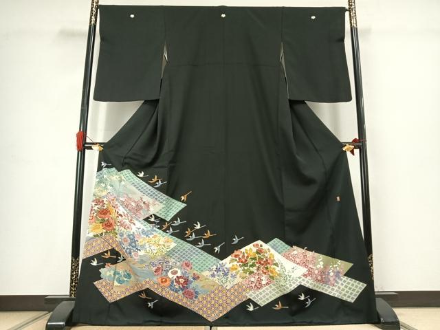 平和屋着物●本加賀友禅作家　毎田仁郎　黒留袖　花鳥文　ロング丈　正絹　逸品　AABJ4706fy