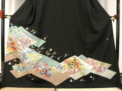平和屋着物●本加賀友禅作家　毎田仁郎　黒留袖　花鳥文　ロング丈　正絹　逸品　AABJ4706fy