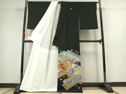 平和屋着物●本加賀友禅作家　毎田仁郎　黒留袖　花鳥文　ロング丈　正絹　逸品　AABJ4706fy