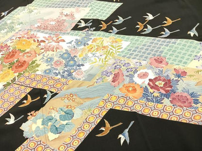 平和屋着物●本加賀友禅作家　毎田仁郎　黒留袖　花鳥文　ロング丈　正絹　逸品　AABJ4706fy