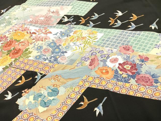 平和屋着物●本加賀友禅作家　毎田仁郎　黒留袖　花鳥文　ロング丈　正絹　逸品　AABJ4706fy