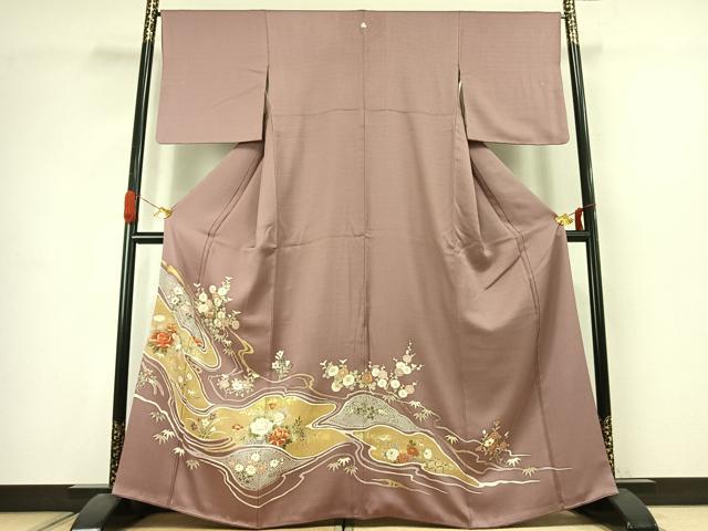 平和屋着物●豪華色留袖　刺繍　草花文　金糸　金彩　正絹　逸品　AABJ4714fy
