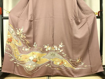 平和屋着物●豪華色留袖　刺繍　草花文　金糸　金彩　正絹　逸品　AABJ4714fy
