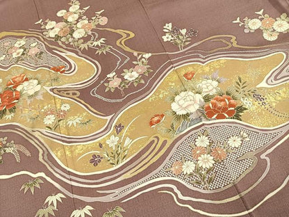 平和屋着物●豪華色留袖　刺繍　草花文　金糸　金彩　正絹　逸品　AABJ4714fy