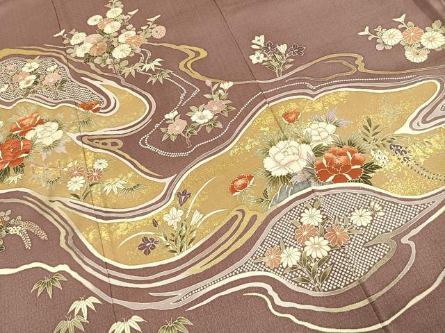 平和屋着物●豪華色留袖　刺繍　草花文　金糸　金彩　正絹　逸品　AABJ4714fy