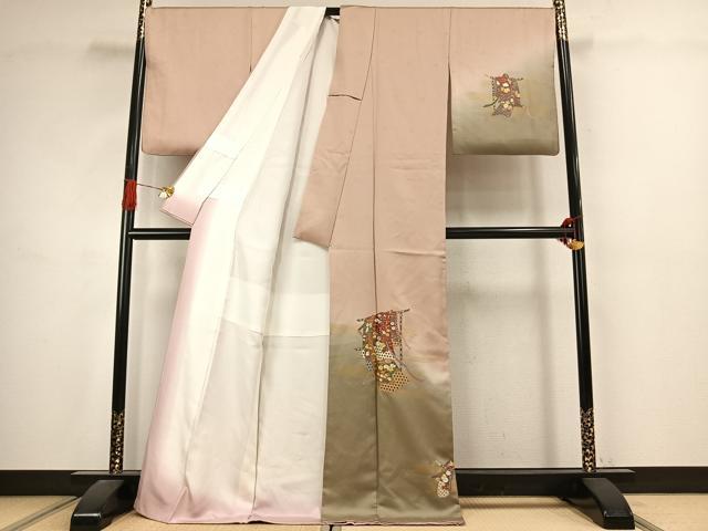 平和屋着物●訪問着　刺繍　誰が袖文　暈し染め　金彩　ロング丈　正絹　逸品　AABJ4728fy