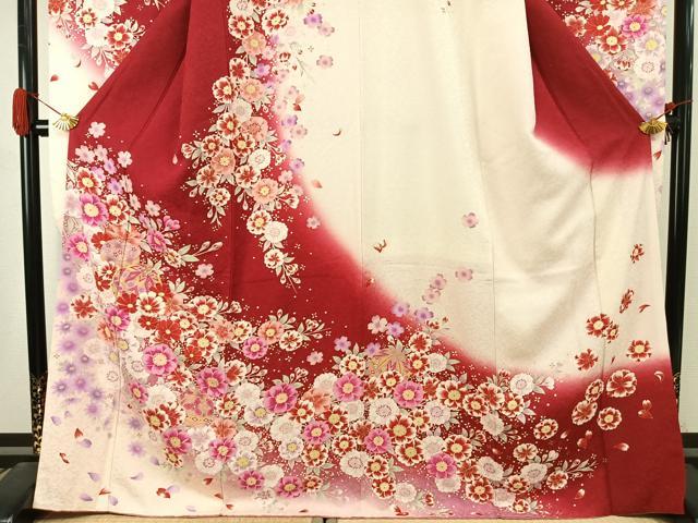 平和屋着物●豪華振袖　駒刺繍　草花毬文　暈し染め　銀通し地　正絹　逸品　AABJ4729fy