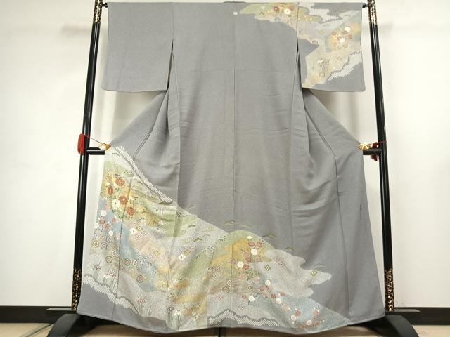 平和屋着物●京友禅の第一人者　松井青々　訪問着　駒刺繍　草花文　金銀彩　正絹　逸品　AABJ4730fy