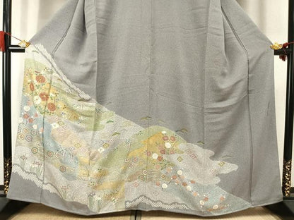 平和屋着物●京友禅の第一人者　松井青々　訪問着　駒刺繍　草花文　金銀彩　正絹　逸品　AABJ4730fy