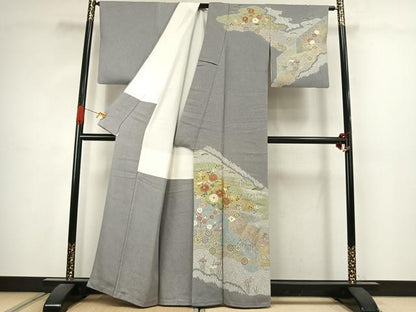平和屋着物●京友禅の第一人者　松井青々　訪問着　駒刺繍　草花文　金銀彩　正絹　逸品　AABJ4730fy