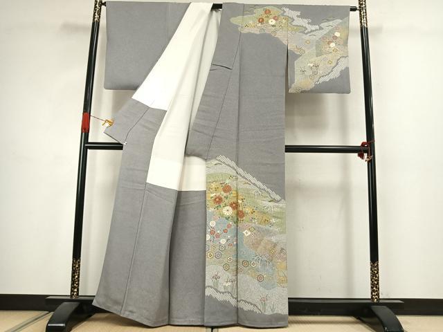 平和屋着物●京友禅の第一人者　松井青々　訪問着　駒刺繍　草花文　金銀彩　正絹　逸品　AABJ4730fy