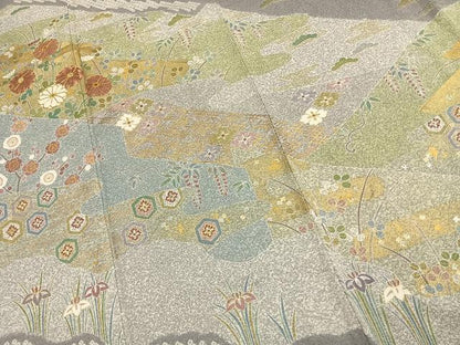 平和屋着物●京友禅の第一人者　松井青々　訪問着　駒刺繍　草花文　金銀彩　正絹　逸品　AABJ4730fy