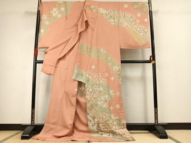 平和屋着物●訪問着　駒刺繍　草花文　金彩　丹後ちりめん　仮絵羽　正絹　逸品　未使用　AABJ4734fy