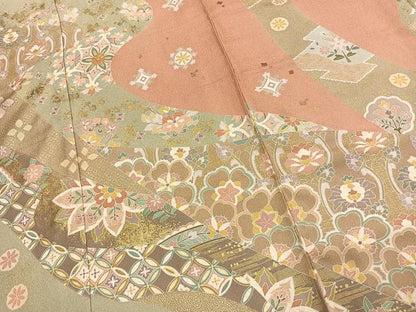 平和屋着物●訪問着　駒刺繍　草花文　金彩　丹後ちりめん　仮絵羽　正絹　逸品　未使用　AABJ4734fy