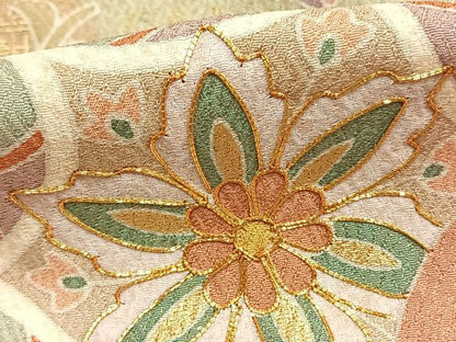 平和屋着物●訪問着　駒刺繍　草花文　金彩　丹後ちりめん　仮絵羽　正絹　逸品　未使用　AABJ4734fy