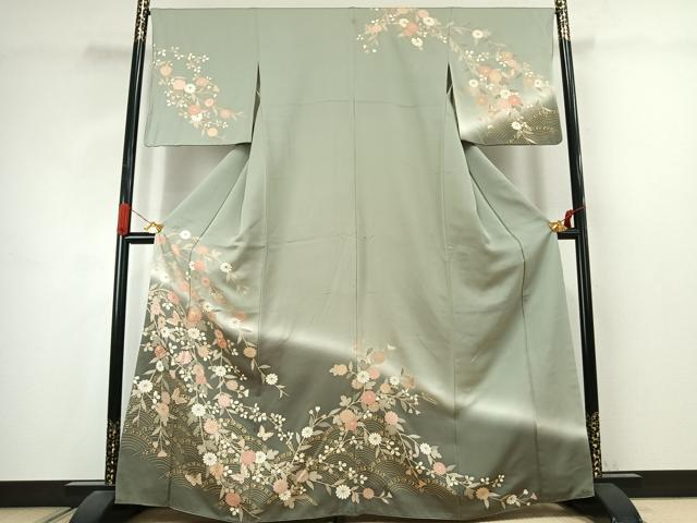 平和屋着物●訪問着　駒刺繍　花蝶文　暈し染め　金彩　正絹　逸品　AABJ4736fy