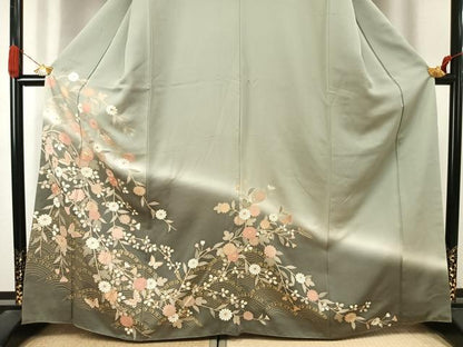 平和屋着物●訪問着　駒刺繍　花蝶文　暈し染め　金彩　正絹　逸品　AABJ4736fy