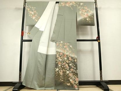 平和屋着物●訪問着　駒刺繍　花蝶文　暈し染め　金彩　正絹　逸品　AABJ4736fy
