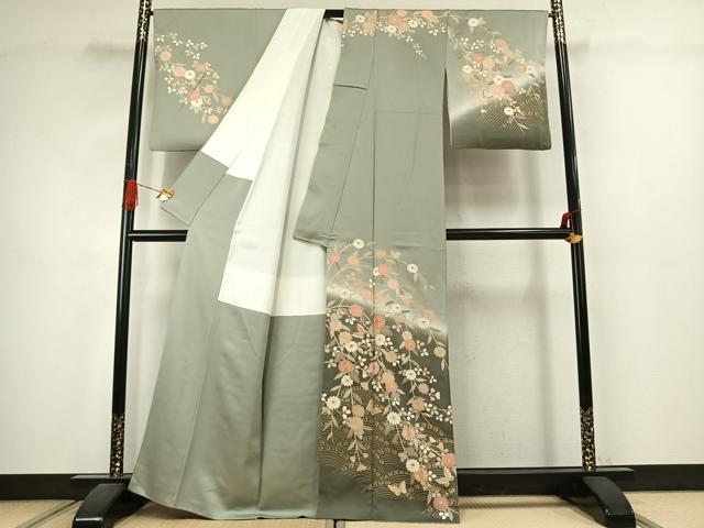 平和屋着物●訪問着　駒刺繍　花蝶文　暈し染め　金彩　正絹　逸品　AABJ4736fy