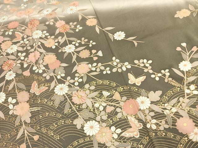 平和屋着物●訪問着　駒刺繍　花蝶文　暈し染め　金彩　正絹　逸品　AABJ4736fy