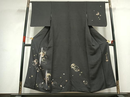 平和屋着物●十代目 歌舞伎役者　坂東三津五郎　訪問着　草花文　暈し染め　黒地　金彩　やまと誂製　正絹　逸品　AABJ4749fy