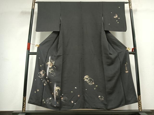平和屋着物●十代目 歌舞伎役者　坂東三津五郎　訪問着　草花文　暈し染め　黒地　金彩　やまと誂製　正絹　逸品　AABJ4749fy