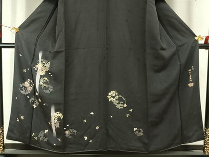 平和屋着物●十代目 歌舞伎役者　坂東三津五郎　訪問着　草花文　暈し染め　黒地　金彩　やまと誂製　正絹　逸品　AABJ4749fy