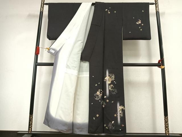 平和屋着物●十代目 歌舞伎役者　坂東三津五郎　訪問着　草花文　暈し染め　黒地　金彩　やまと誂製　正絹　逸品　AABJ4749fy