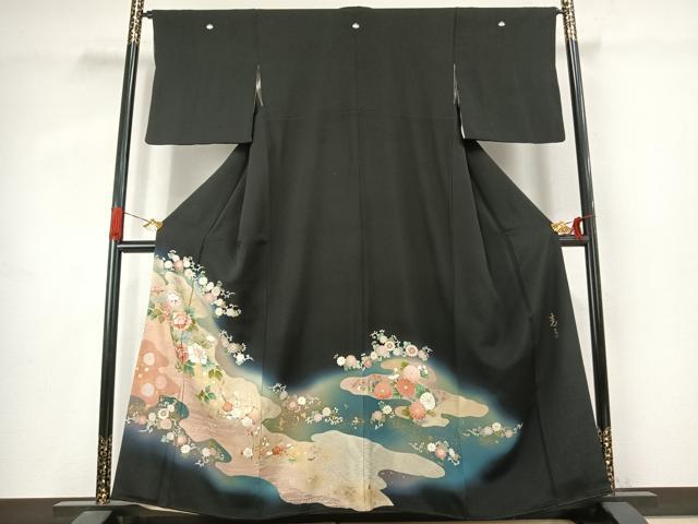 平和屋着物●京友禅の第一人者　松井青々　黒留袖　駒刺繍　道長花文　暈し染め　金銀彩　正絹　逸品　AABJ4750fy