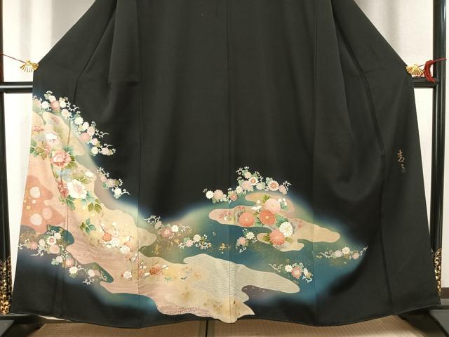 平和屋着物●京友禅の第一人者　松井青々　黒留袖　駒刺繍　道長花文　暈し染め　金銀彩　正絹　逸品　AABJ4750fy