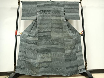 平和屋着物●江戸小紋　作家物　横段文　黒地　正絹　逸品　未使用　AABJ4755fy