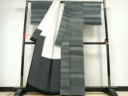 平和屋着物●江戸小紋　作家物　横段文　黒地　正絹　逸品　未使用　AABJ4755fy