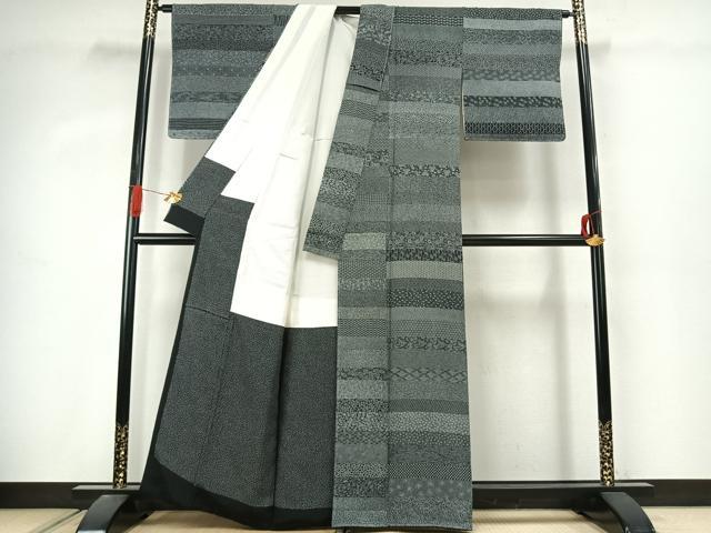 平和屋着物●江戸小紋　作家物　横段文　黒地　正絹　逸品　未使用　AABJ4755fy